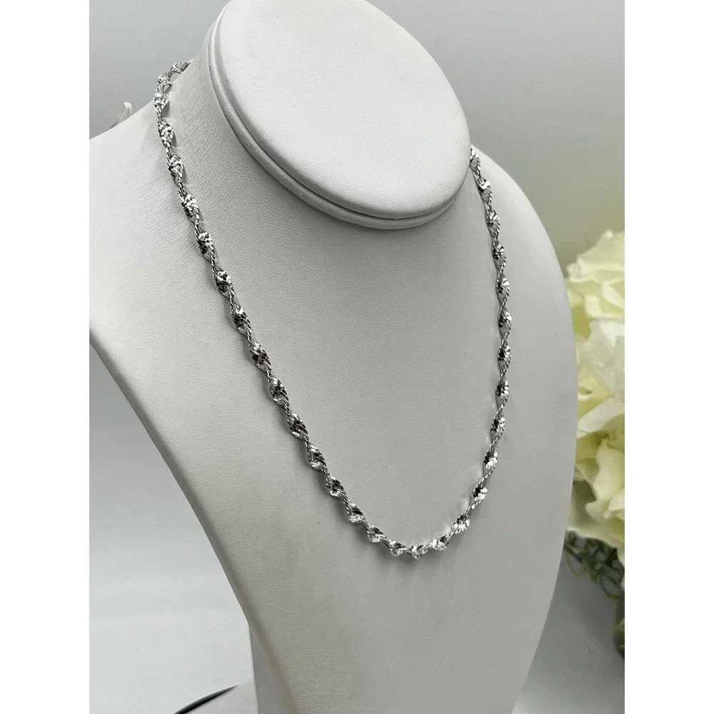 Solid Sterling Silver 925 Italian Twisted Sparkle‎ Chain Necklace Rhodium 17.5